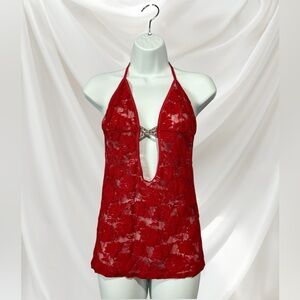 Elegant Red Lace Halter Babydoll